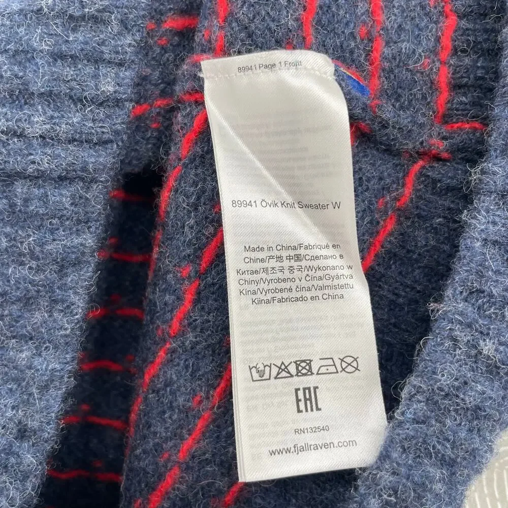 Fjallraven Ovik Knit Sweater Navy Blue Tan Wool Nordic Winter Pullover Size S